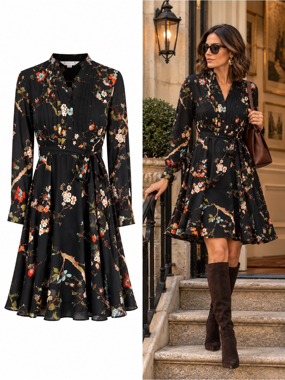 Nanette Lepore Floral Pintuck Belted Fit Flare Shirt Dress Long Sleeve Size 2